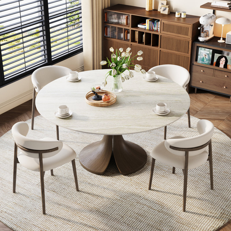 Aurora 47‘’/53‘’/59‘’ Farmhouse Round Sintered Stone Dining Table - Sculptural Solid Hardwood Pedestal For 4-8