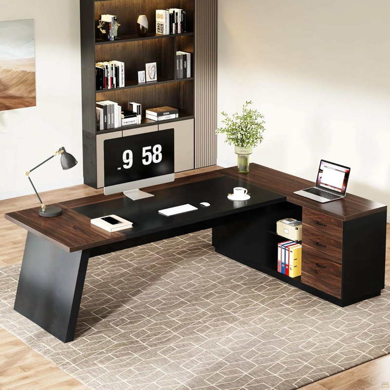 Bureau de direction en L 78,7 po avec classeur et tiroirs, grand poste de travail d'ordinateur moderne avec tablettes de rangement, noyer foncé et noir