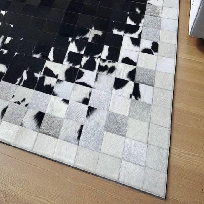 Tapis en cuir de vache noir et blanc, tapis en cuir véritable, Rectangle 3 pi x 3 pi 4 po