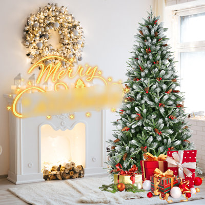Arbre de Noël de 7 pi équipé de 2178 pointes, de baies rouges intrigantes, de pin naturellement moulé, d'apparence pe + de branches givrées de neige, d'un arrangement à charnière sans tracas, de cadres en métal pour une décoration réaliste 75