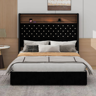 Velvet Soft Bed Frame With Night Light, Headboard With Rivet Decoration