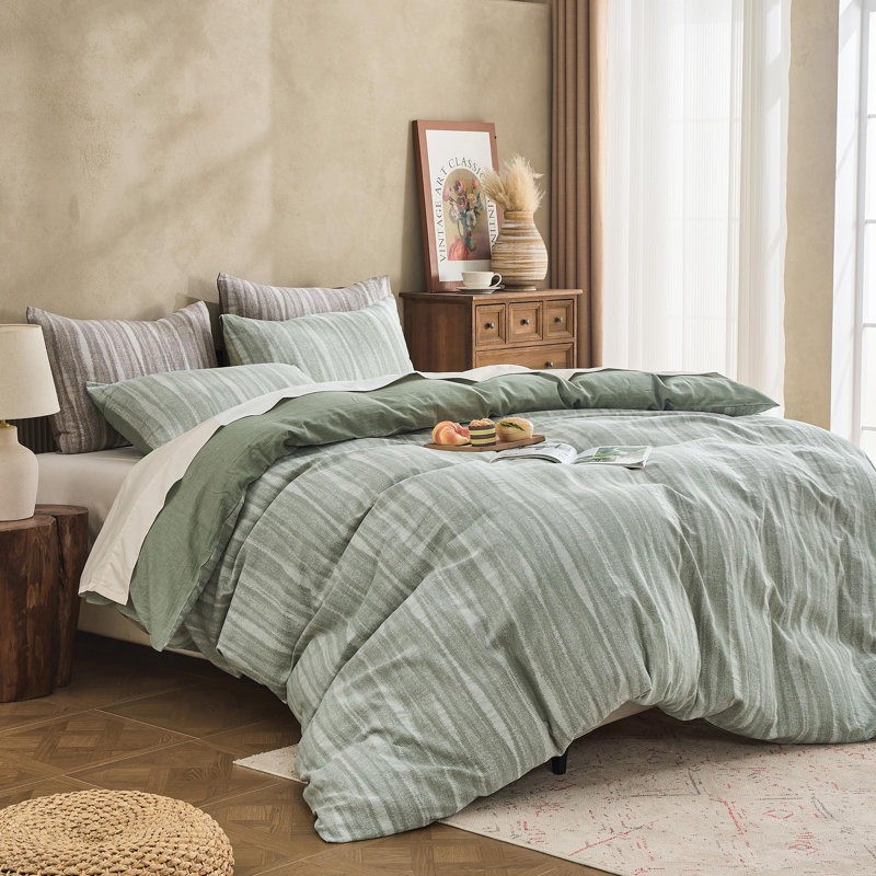 100% Cotton Yarn-Dyed Jacquard Duvet Floral Duvet Cover Set, King Duvet Cover + 2 King Pillowcases, Green Wavy