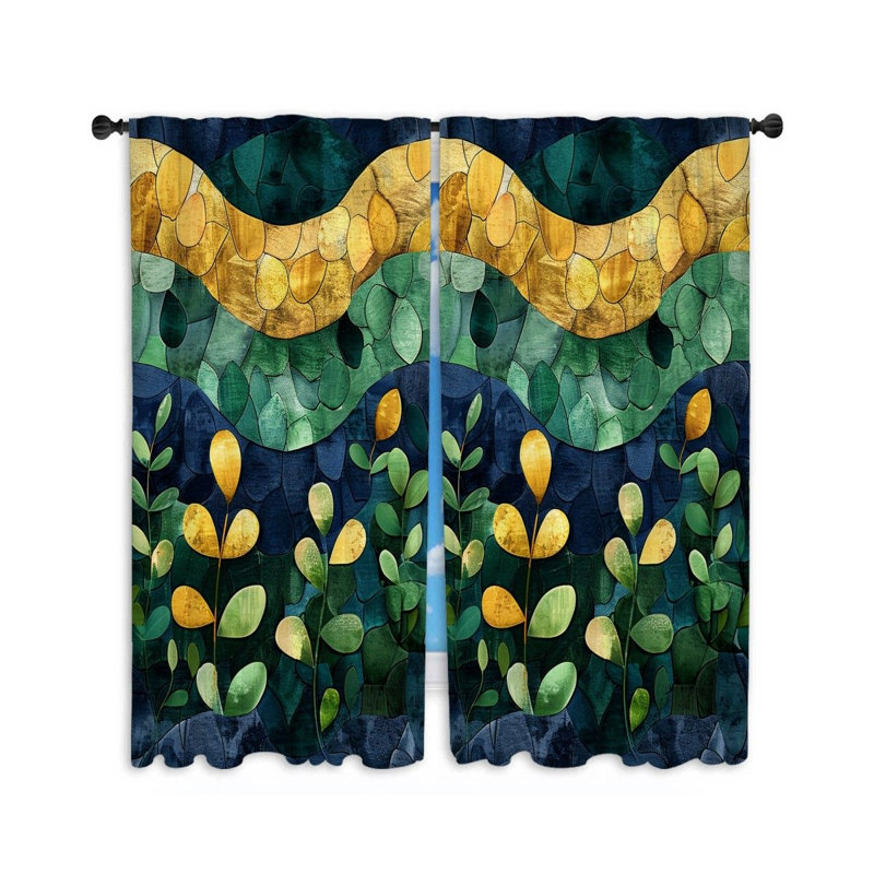 11975_Vagues de rideaux à motif de feuilles à motif artistique - 2 panneaux, L 20 po x L 63 po