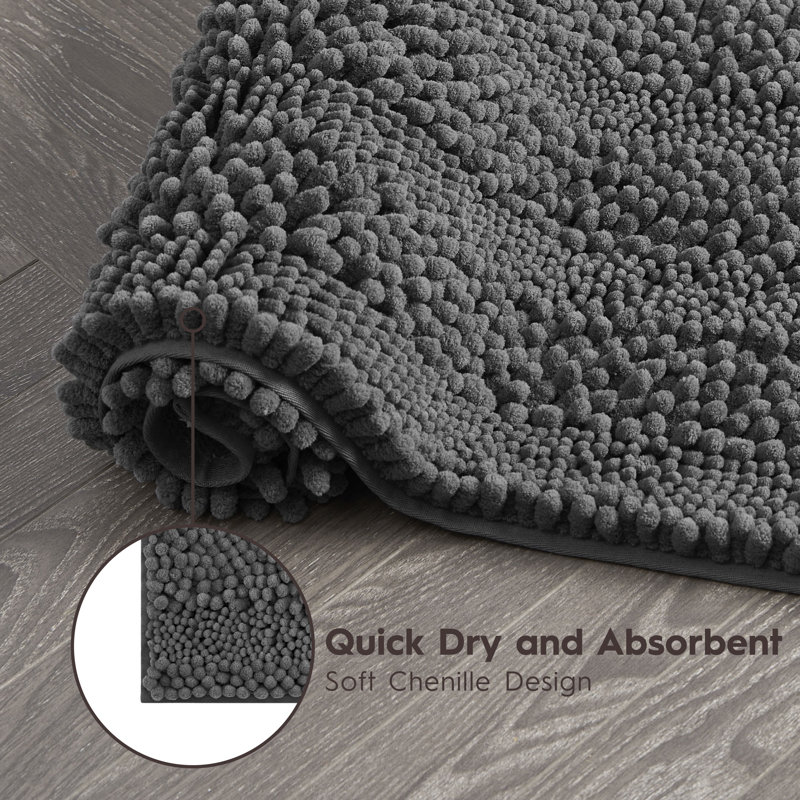 Dark Gray Chenille Non-Slip Polyester Bath Mat Set