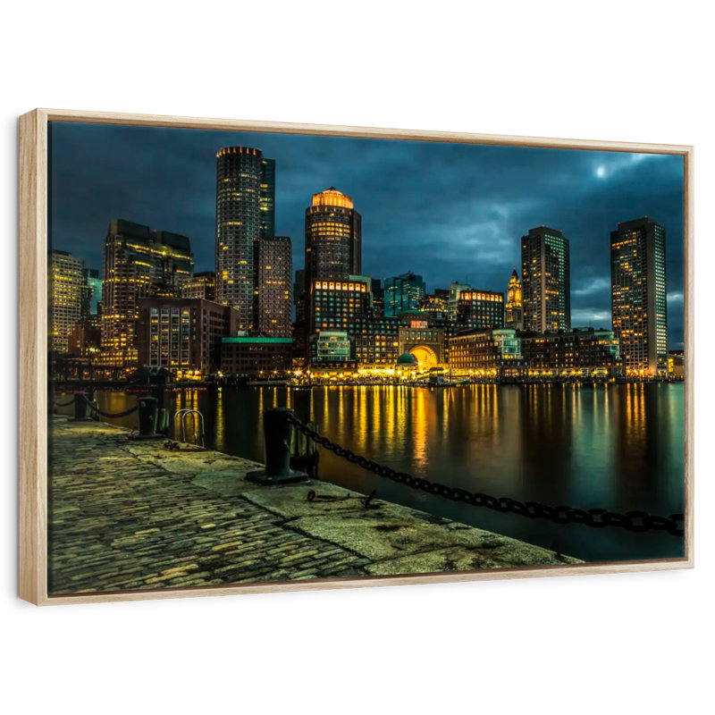 Silhouette de Boston la nuit, 31 po x 21 po, Cadre flottant en bois naturel