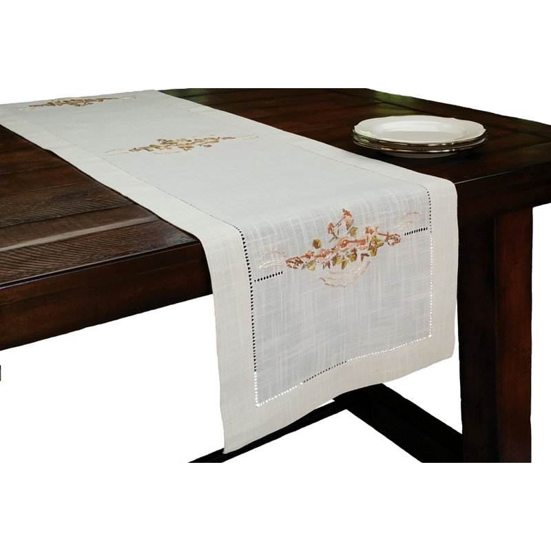 Linen Flowers Crewel Embroidered with Hemstitch Cutwork Table Runner