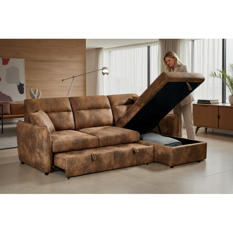 4 Seater Sofa Bed, Right Hand Facing, Brown