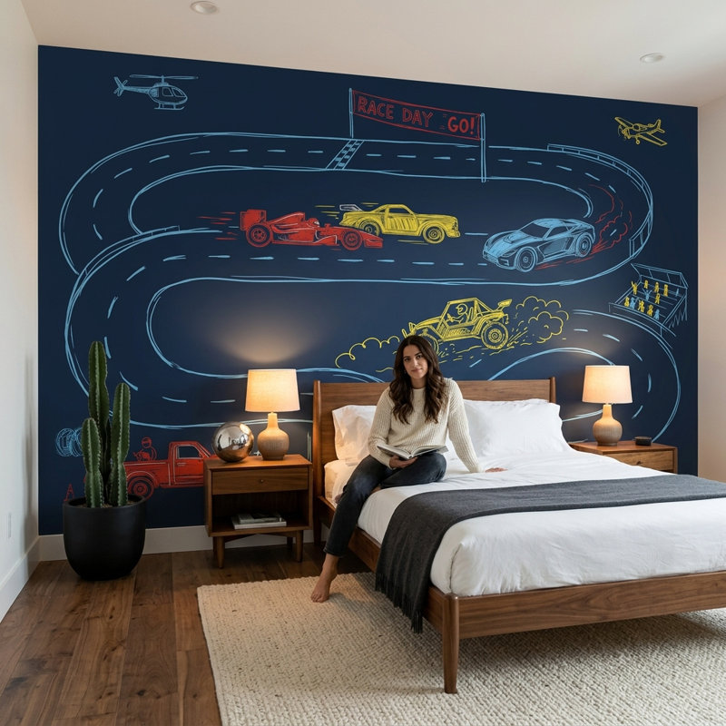 Raccrack, fond d'écran, voitures de course, croquis de tableau, décoration murale amovible, 200 po x 120 po, Non tissé