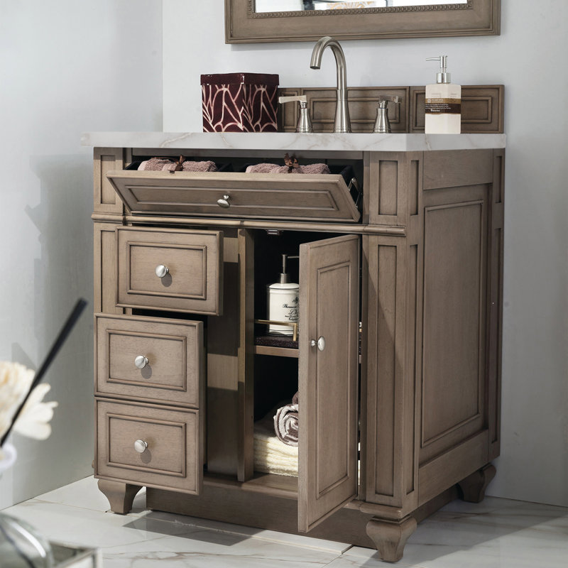 Bristol 30'' W Single Vanity, Whitewashed Walnut, Victorian Silver Quartz, 8" Widespread