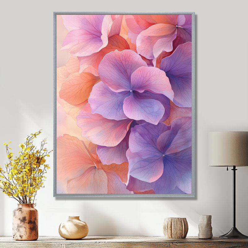 Lavande fluide, Hortensia fluide I - Hydrangea, art mural, H 40 po x l 30 po, Reproduction avec cadre flottant, Argent argent