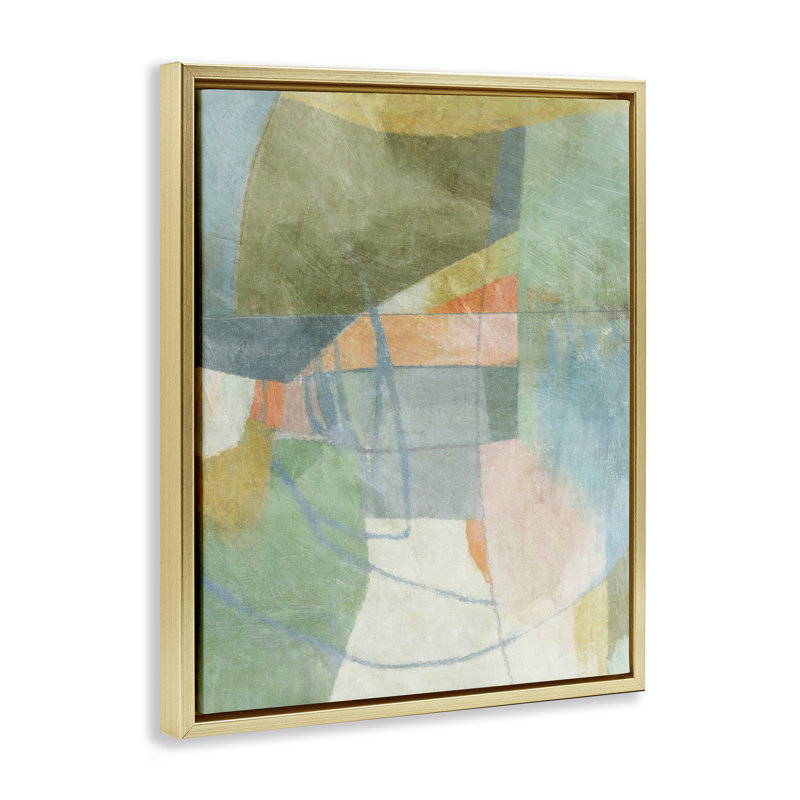 «Pastel & Green Shapes» par Suzanne Nicoll, H 31 po x l 25 po, Cadre flottant métallique doré