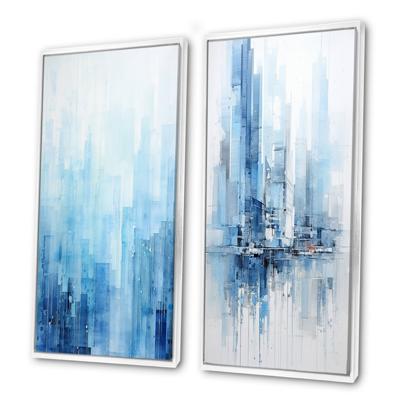 «Azure Ascent Skycrapers Harmony», ensemble d'art mural abstrait sur toile, Cadre blanc, H 28 po x l 25 po