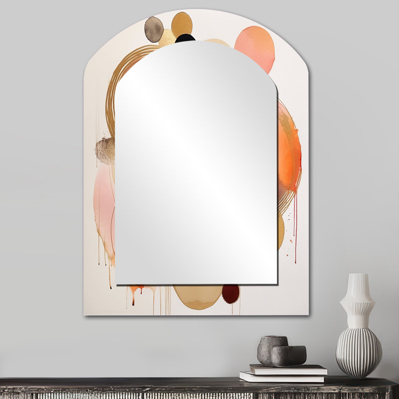 Afternoon Dreams Boho Chic Vintage Pink Gold II - Geometric Arch Decorative Mirror, Modern Asymmetrical Large Wall Mirror, Printed Metal Art