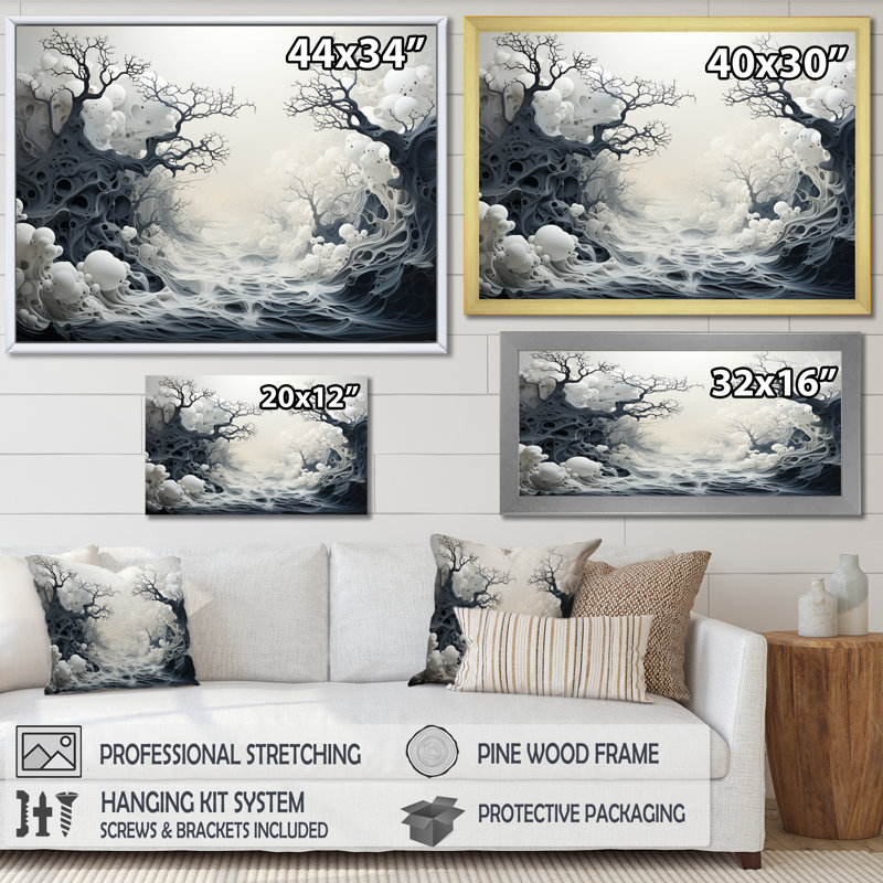 Scènes de tempête marine monochrome - reproduction sur toile, Cadre flottant blanc, H 30 po x l 40 po x P 1,5 po