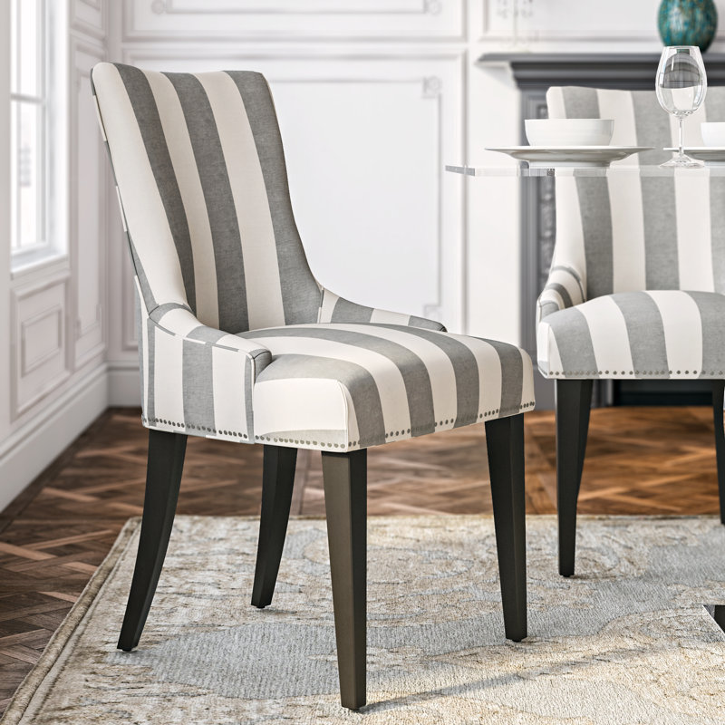 Chaise parsons en bois massif Halleigh, Mélange de lin gris / gris rayé
