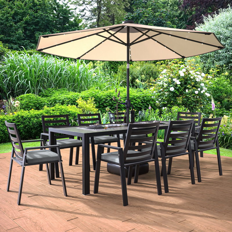 Table de salle à manger rectangulaire d'extérieur à lattes et 8 chaises en aluminium Letendre, Noir anthracite