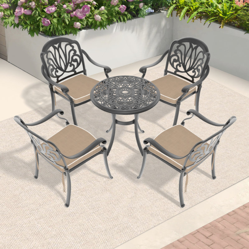 Set Of Cast Aluminum Patio Furniture With Black Frame And Seat Cushions In Random Colors, 4