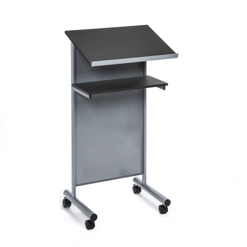 Black and Silver Metal Wheeled Lectern with Storage Shelves