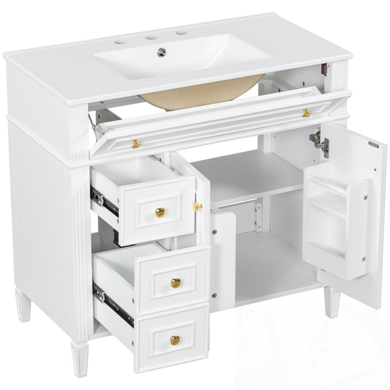 Meuble-lavabo avec lavabo, 3 tiroirs et 2 portes à fermeture en douceur, Blanc