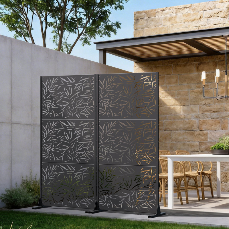 Panneau de clôture en métal avec motif de feuilles de bambou, Noir, H 72 po x l 35 po x P 16 po