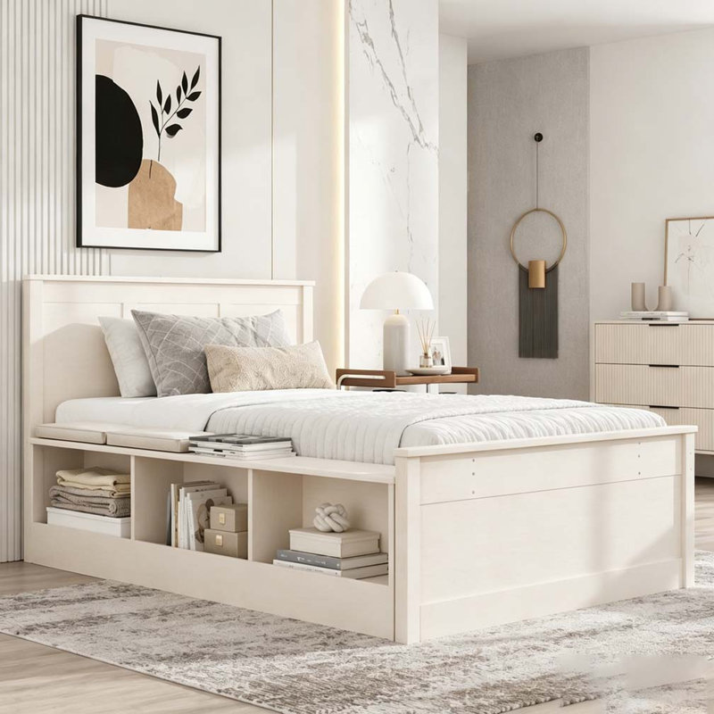 Lit plateforme en bois avec lit gigogne escamotable, armoire de rangement, Lit simple, Cream White