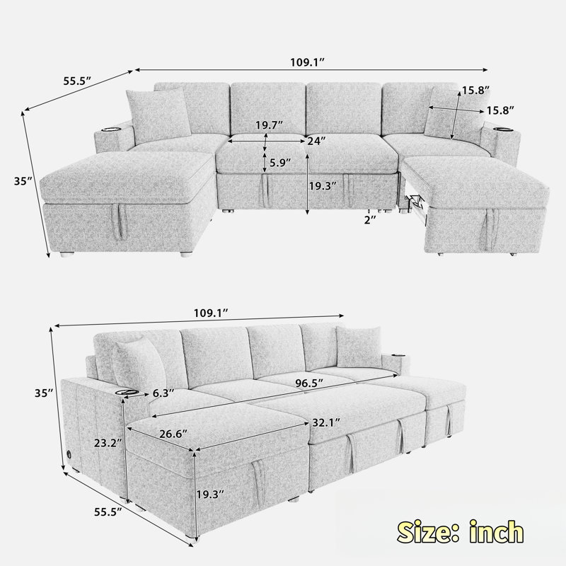 Convertible Sectional Sofa With A Movable Storage Ottoman, Grey