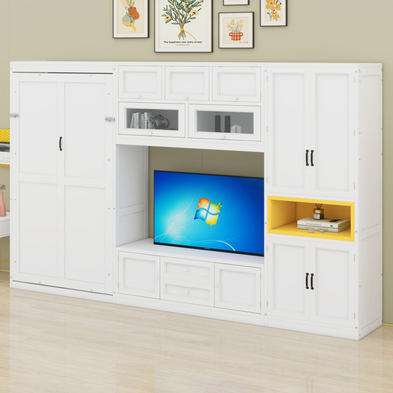 Lit escamotable moderne en bois avec armoires de rangement, tiroirs, tablettes et meuble télé, White