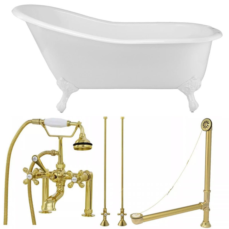 61.13'' x 30'' Freestanding Soaking Cast Iron Bathtub with Faucet, White, White