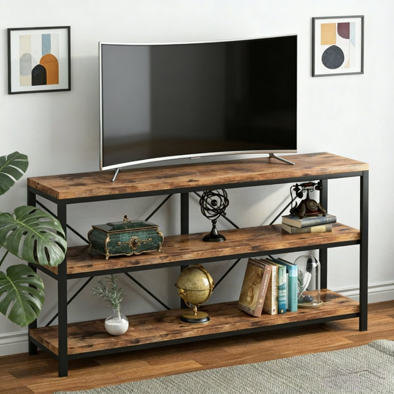 55-Inch Industrial Sofa Table, 3-Tier Console Table with Metal Frame and Open Shelves for Living Room, Entryway, Hallyway