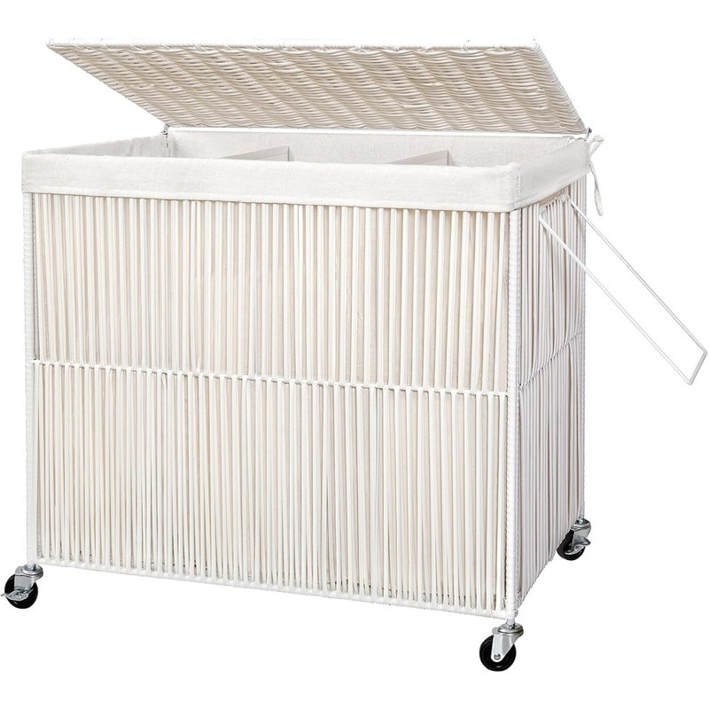 Panier à linge à roulettes tissé à la main avec couvercle, sacs amovibles compartimentés et roulettes, blanc crème