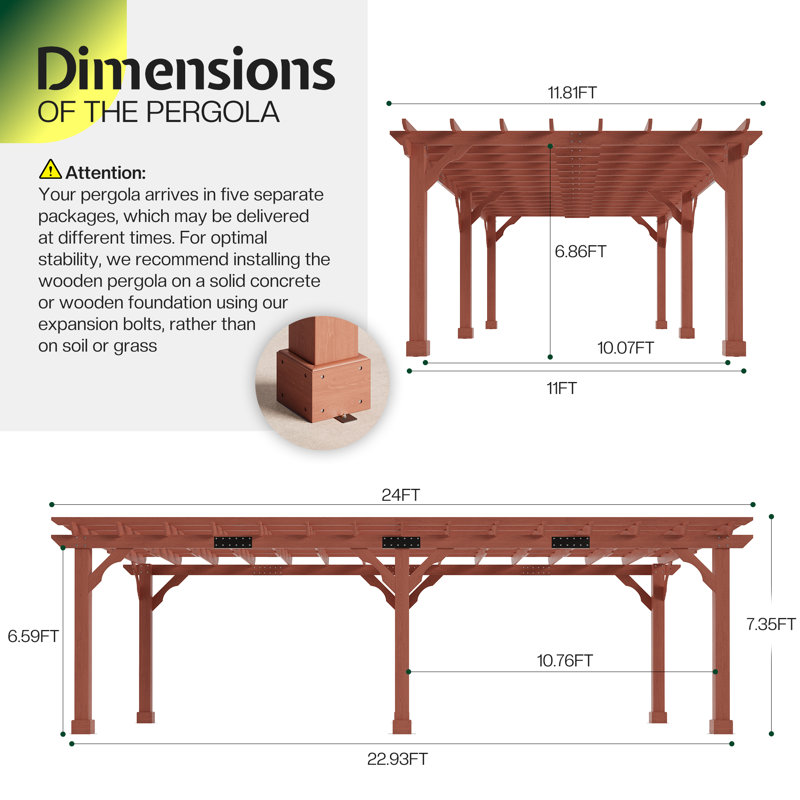 Pergola en cèdre 12 'x 24' avec toit en treillis, supports résistants aux intempéries et piquets d'ancrage, brun rougeâtre