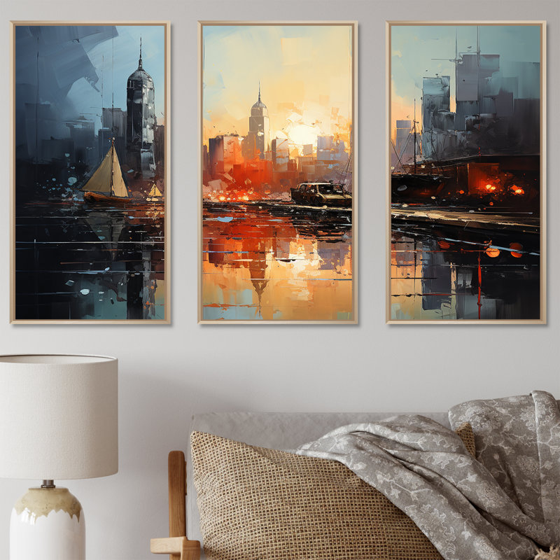 Modernism Urban Skyline II - ensemble de reproductions d'art mural Sky, Cadre naturel flottant, H 40 po x l 60 po x P 1 po