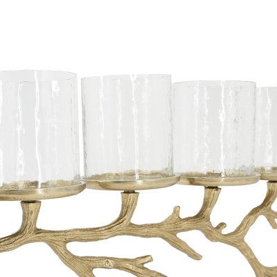 Bougeoir moderne en aluminium doré à 5 lumières avec photophores en verre, idéal pour la décoration de table et de cheminée.
