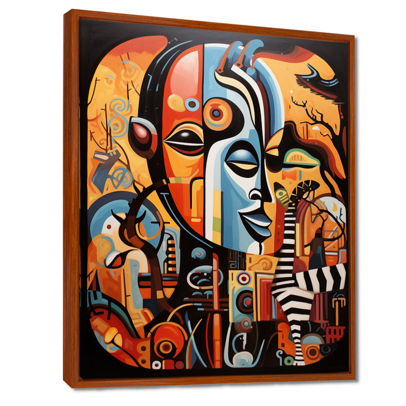Art contemporain africain, collage de masques abstraits, Cadre flottant brun, H 20 po x l 12 po