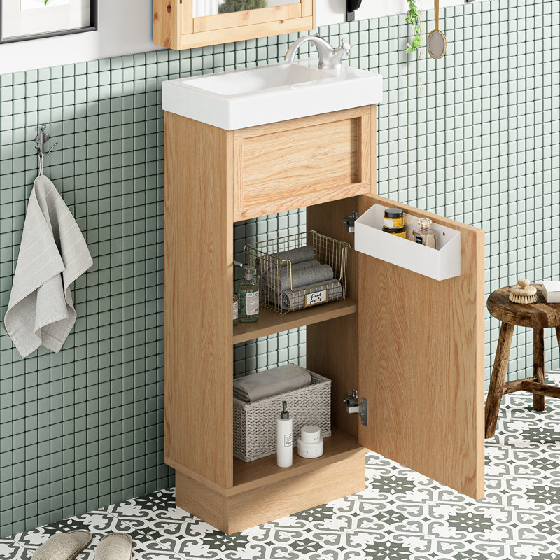 Meuble-lavabo de style rustique 15,33 po pour salle de bain avec lavabo réversible en résine, tablette réglable, porte à pousser, fonction de fermeture en douceur, aménagement pour petits espaces au fini grain de bois