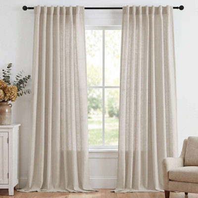 Neutral Farmhouse Linen Semi Sheer Curtains 2 Panels 84" Long, Light Filtering Thick Window Drapes with Rod Pocket, Back Tab & Pinch Pleat Design for Living Room & Bedroom, 52" x 84",ANGORA