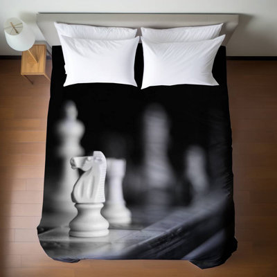 Minimalist Shapes White Queen Duvet Cover | Monochrome Chess