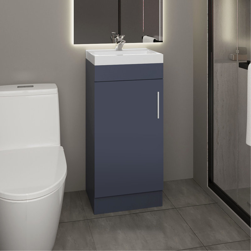 Meuble-lavabo moderne avec lavabo en résine, solution de rangement pour l'organisation, finition blanc bleu, bois d'ingénierie, largeur de 15,7 po, hauteur de 34,6 po, conception compacte au sol de 13 po, profondeur de 12,93 po,