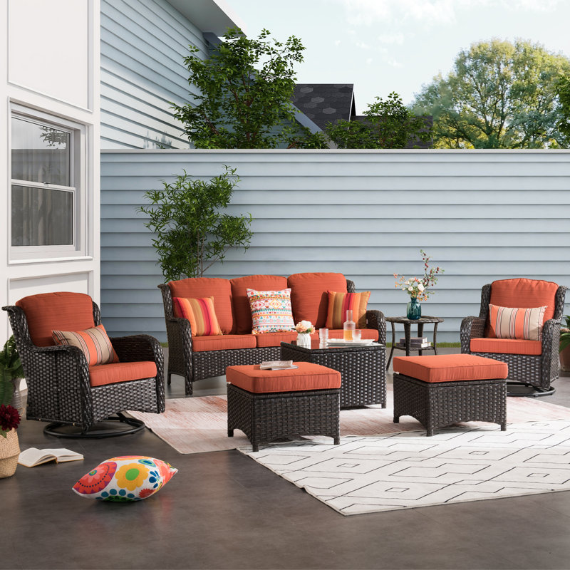 Emlynne 6 - Person Patio Conversation Set with Cushions, Brown, Orange Red