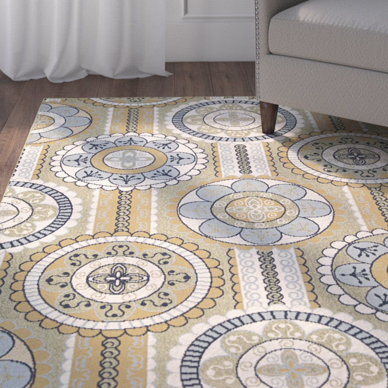 Tapis intérieur/extérieur bleu/jaune floral Lewis, Rectangle l 9 pi 3 po x L 12 pi 9 po