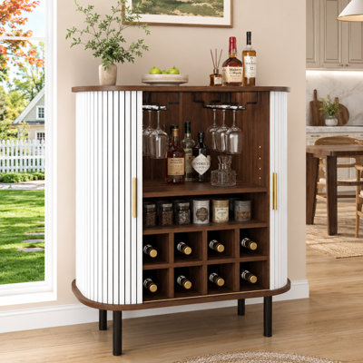 Century Modern Fluted Wine Bar Cabinet with Sliding Tambour Doors and Adjustable Shelves for Dining Room Living Room and Kitchen