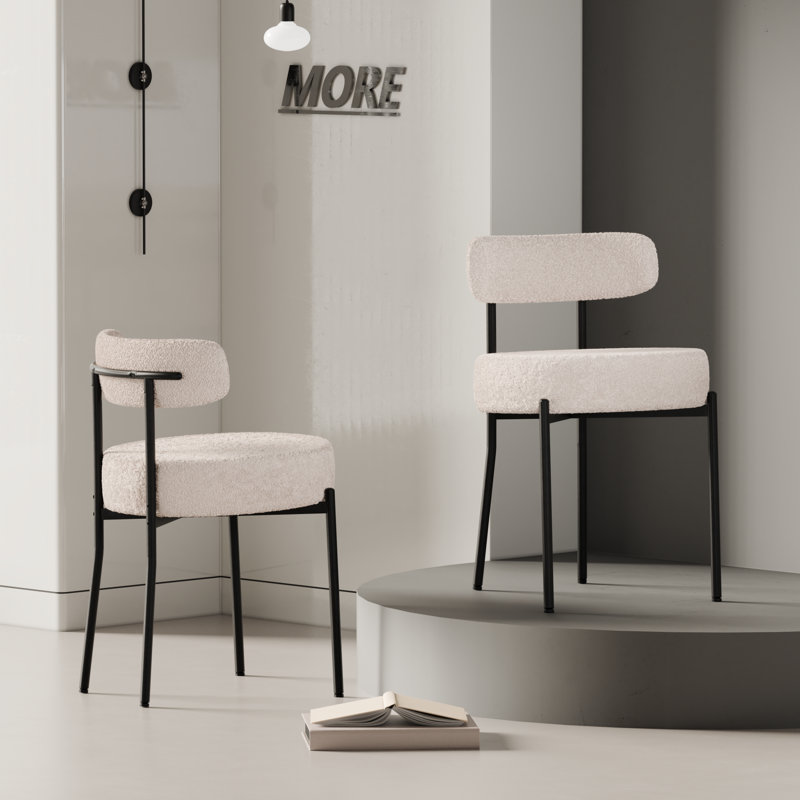 Boucle Dining Chairs Set of 2, Upholstered Dining Chairs with Black Metal Legs, Modern Dining Chair, Ivory White