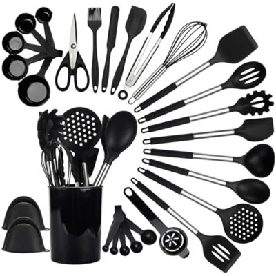 Ensemble d'ustensiles de cuisine en silicone, ensemble de 28 ustensiles de cuisine antiadhésifs avec support, spatule résistante à la chaleur à 446 ° F, pinces, cuillères avec poignées en acier inoxydable (noir)