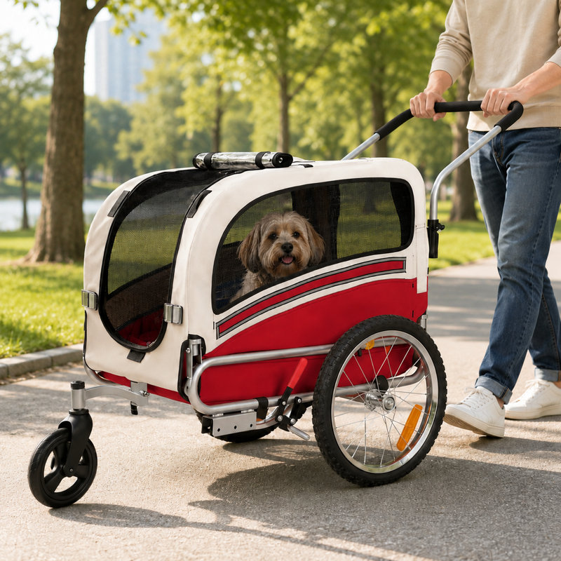 Remorque de vélo et poussette pour chien pliable 2 en 1 Aobei rouge pour chien moyen ou grand avec rideau imperméable, Rouge