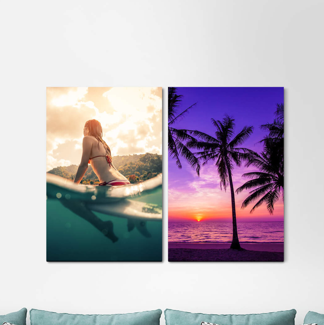 2-tlg. Leinwandbilder-Set - Fotografie „Palm Trees Surfer Dream Beach Sunset Dream Vacation Caribbean Surfing”