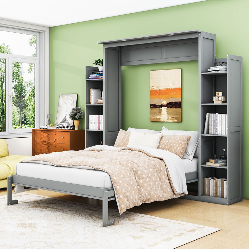 Lit escamotable en bois avec éclairage à DEL et compartiments de rangement, Gris, Grand lit