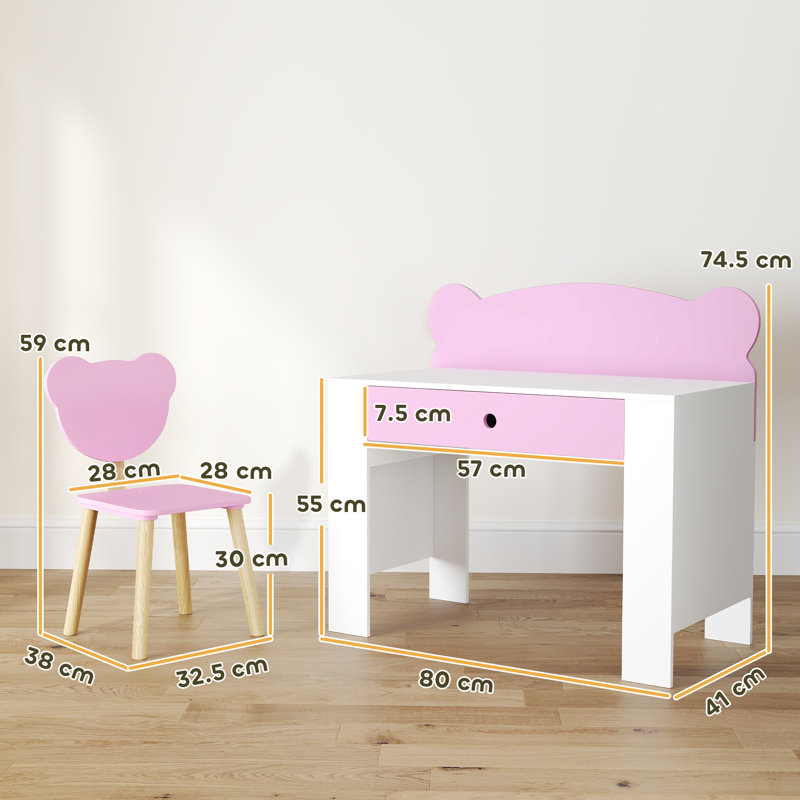 AIYAPLAY Kids Desk and Chair Set, Study Table and Chair, Bear Theme Pink