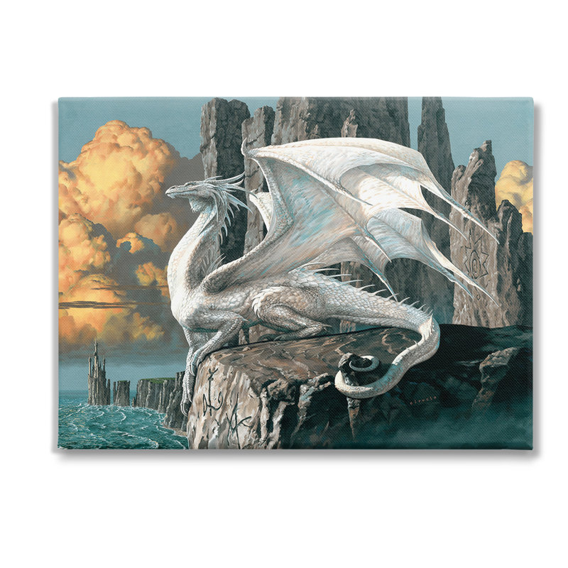 Dragon perché sur une falaise, art mural par Ciruelo, H 30 po x l 40 po
