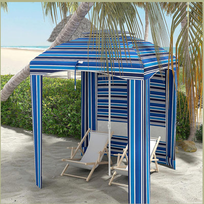 Parasol de plage portatif à double plateau 5,8 pi x 5,8 po Outsunny, cabana d'extérieur à volants avec murs, évents, sacs de sable, sac de transport, rayures bleues