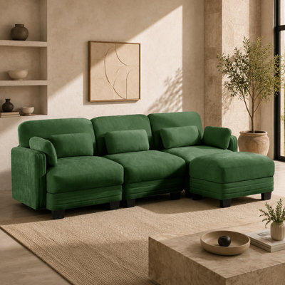 3-Seater L-Shape Couch with Movable Ottoman, Channel Tufted Modular Sectional in Green Chenille